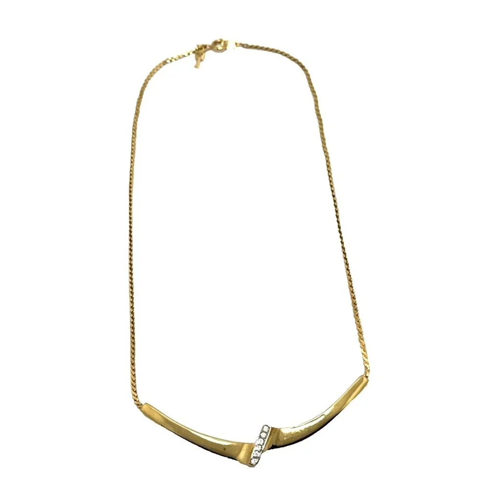 Vintage CROWN TRIFARI Gold Tone Rhinestone Choker Necklace 1970s 15